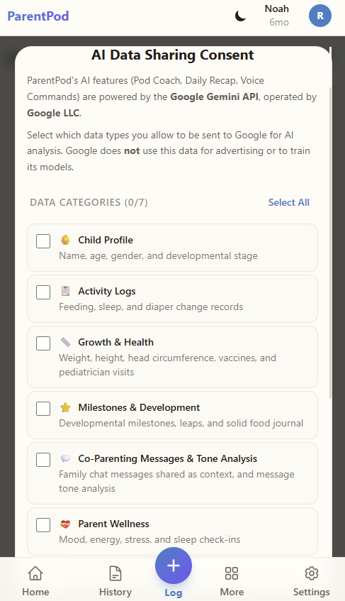Security-first AI Insights — AI Data Sharing Consent showing granular controls for Child Profile, Growth & Health, Milestones, and Parenting Messages
