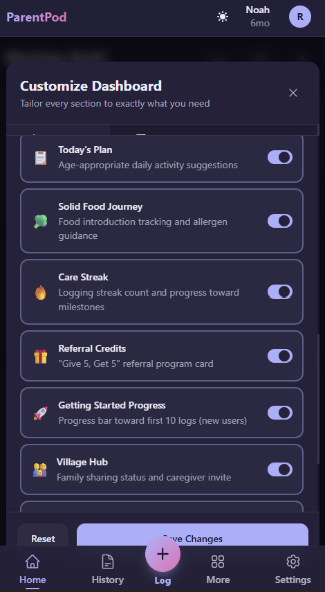 Customize dashboard screen — drag-to-reorder activity tiles so the things you log most appear first