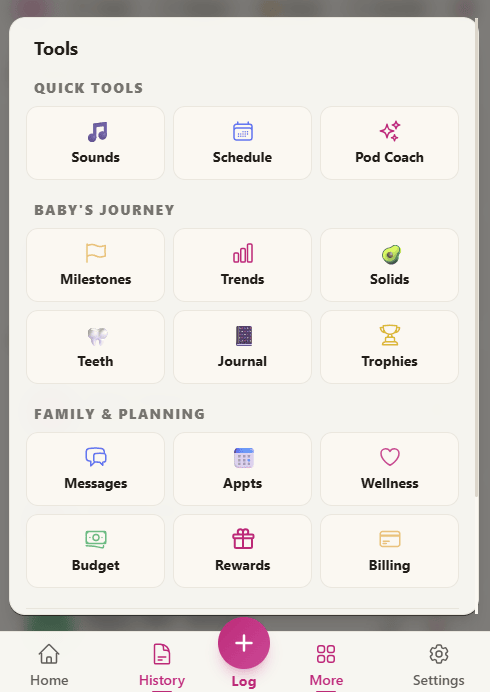 ParentPod feature menu showing Milestones, Trends, Solids, Teeth, Journal, Trophies, Potty, Sleep Plan, Messages, Appts, Wellness, Budget and more