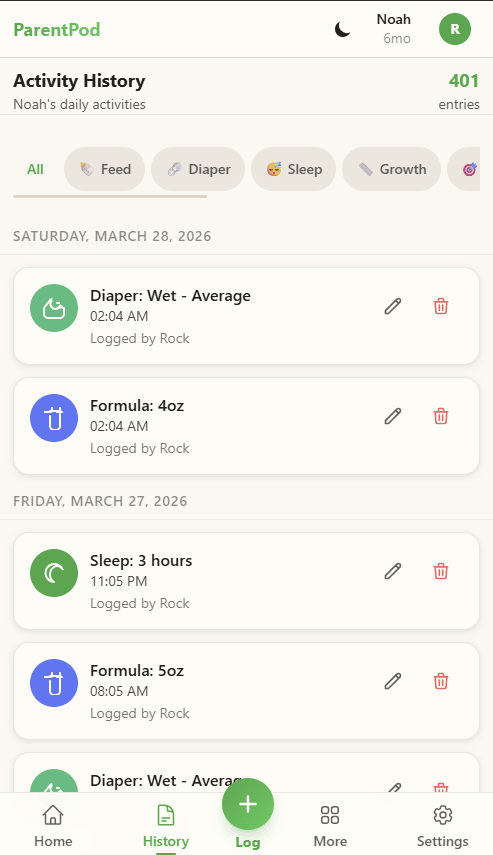 Shared activity history showing entries logged by multiple caregivers — diapers, formula feeds and sleep sessions