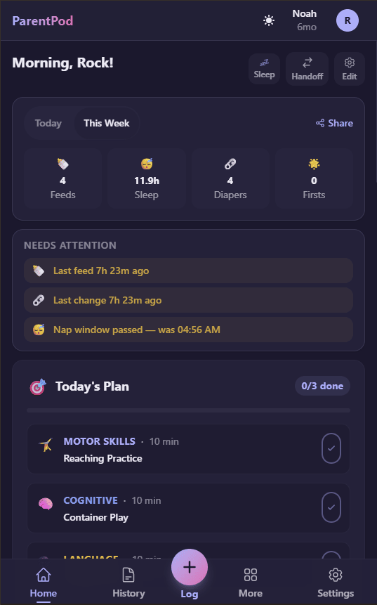 ParentPod home dashboard showing Noah's activities, needs-attention nudges and today's plan