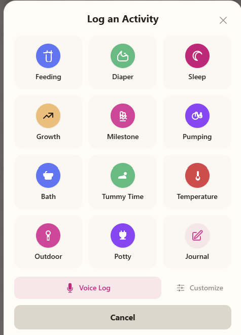 Quick log modal showing activity categories — Feeding, Diaper, Sleep, Growth, Milestone, Pumping, Bath, Tummy Time, Temperature, Outdoor, Potty, Journal with Voice Log option